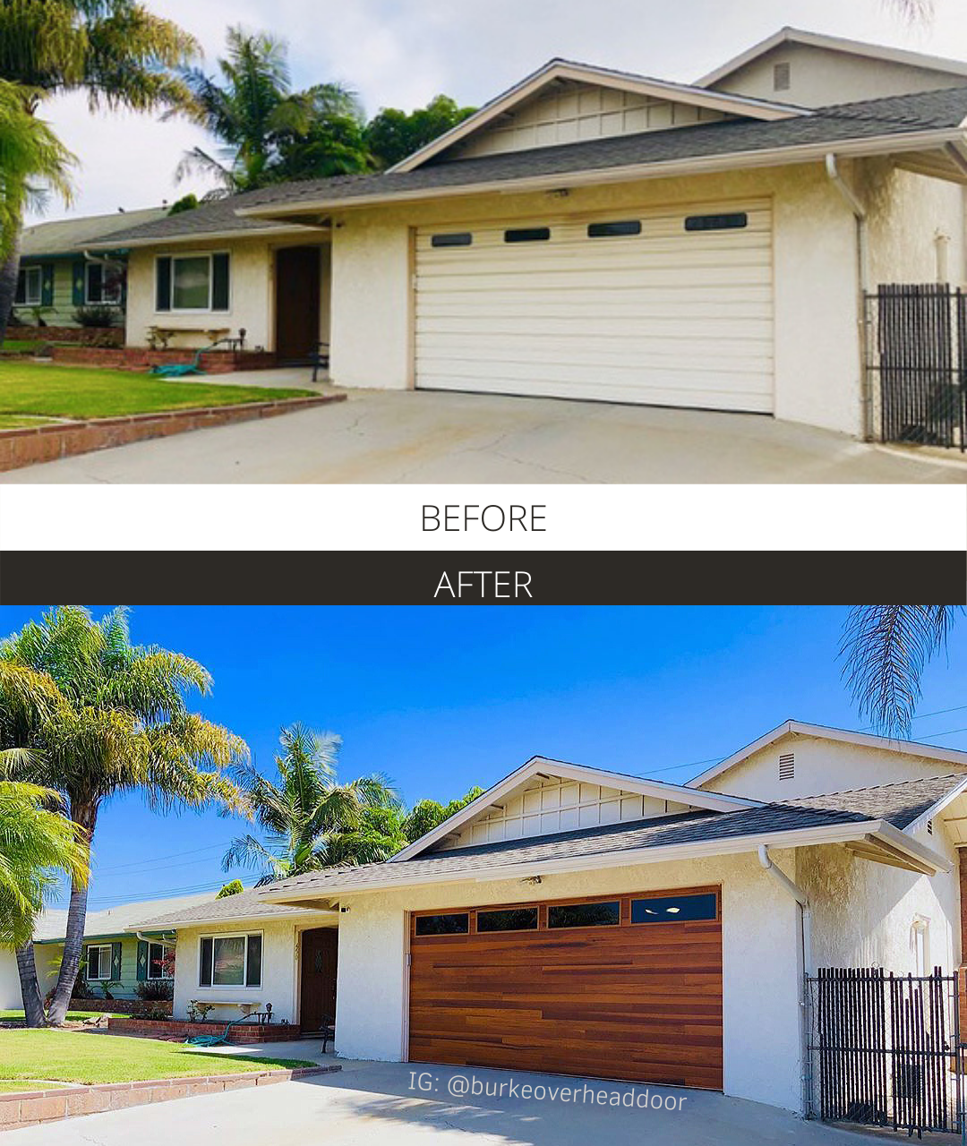 Before and after home renovation with a wood garage door