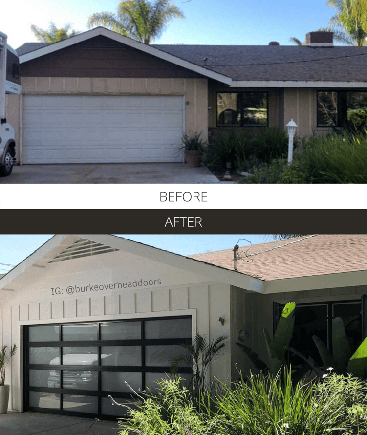 Before and After - @burkeoverheaddoor full-view dark bronze frosted glass