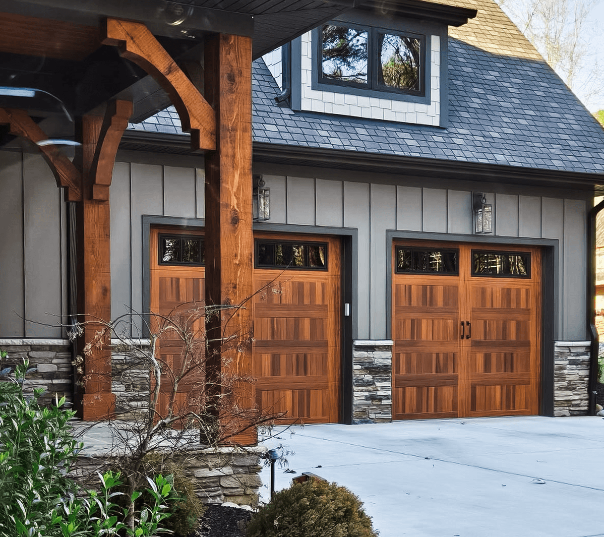 cedar accents stamped carriage house garage doors
