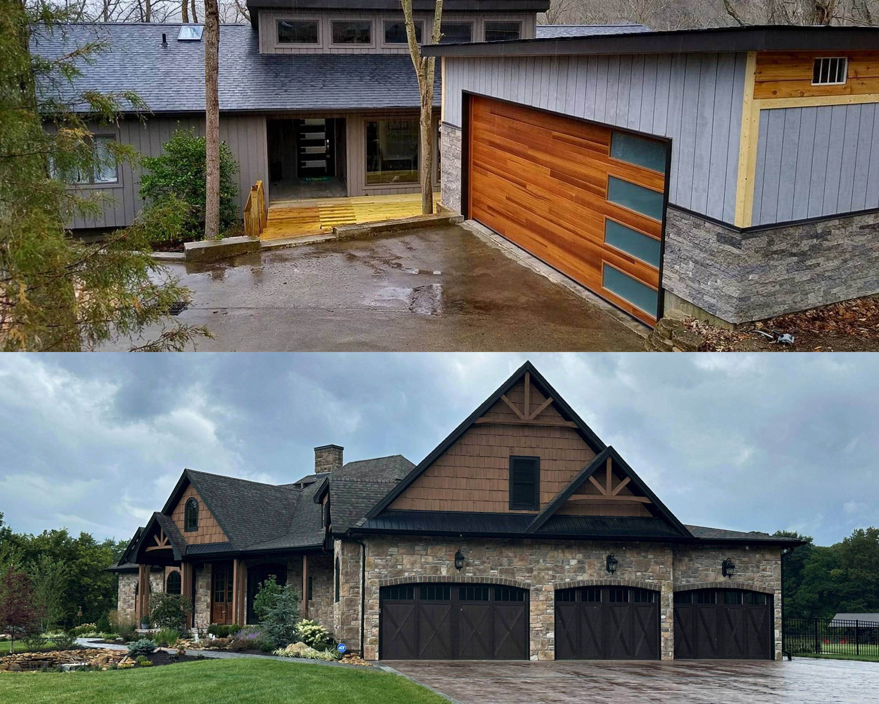 Examples of a planks garage door and shoreline garage doors in rainy conditions