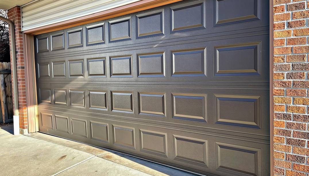after - brick garage with raised panel brown garage door