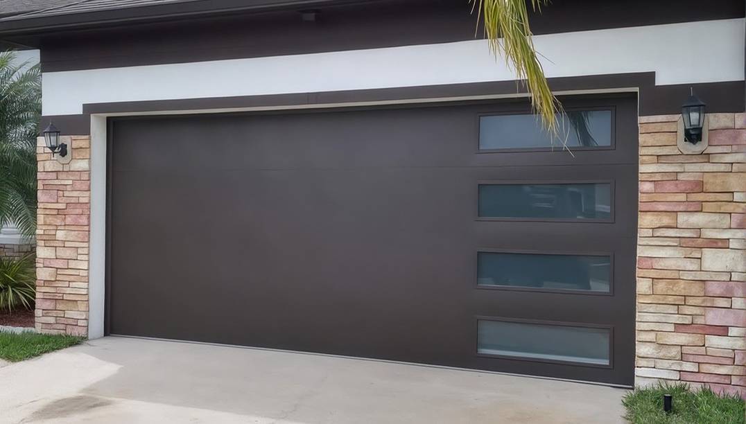 after - brick garage with skyline flush brown garage door