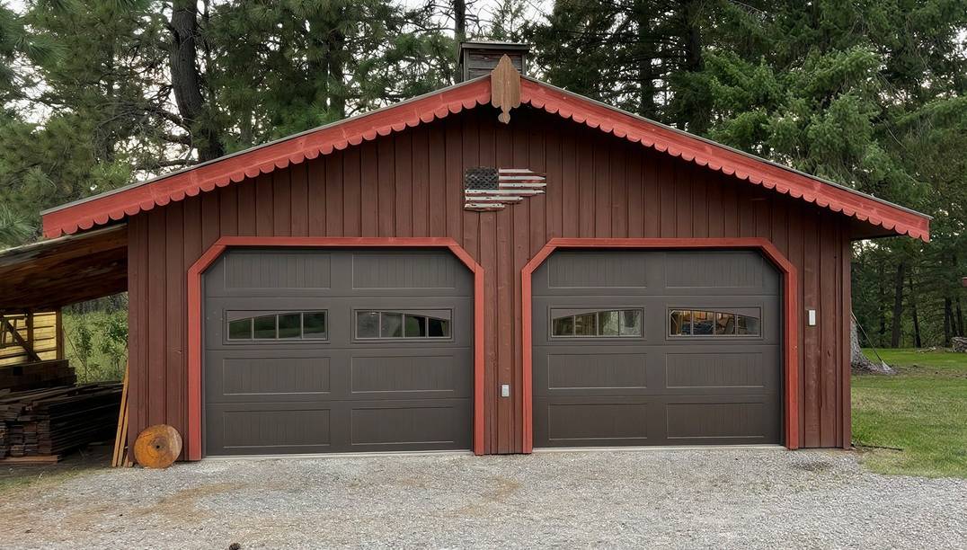 after - red garage with two stamped carriage house brown garage doors