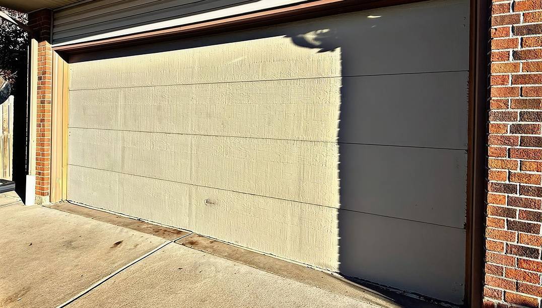 before - brick garage with light beige door