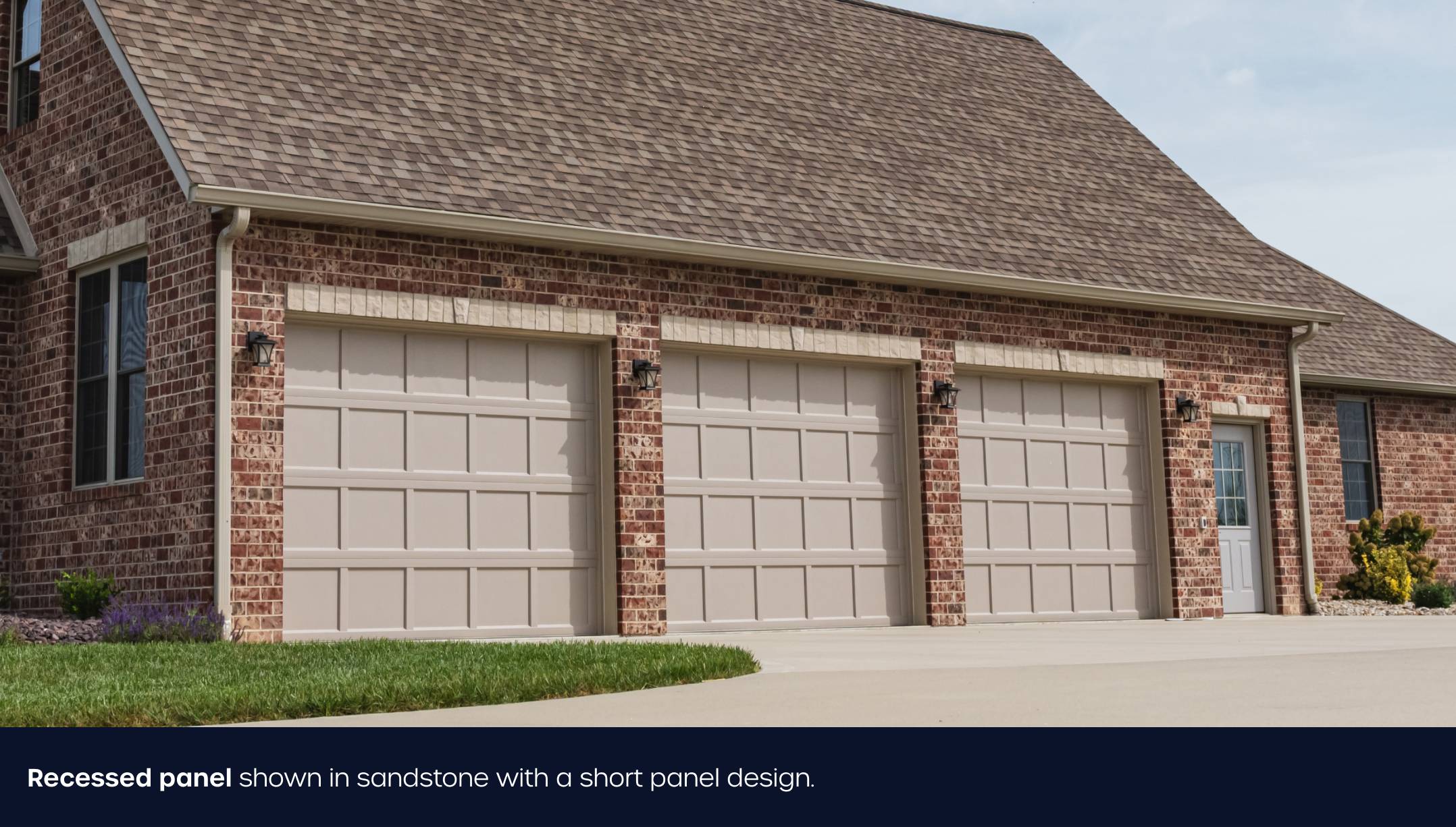 Recessed panel garage door in sandstone short panel