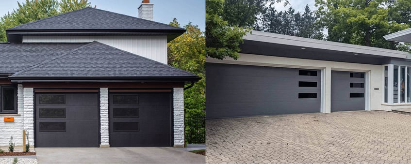 Skyline flush garage door in black and planks garage door in graphite