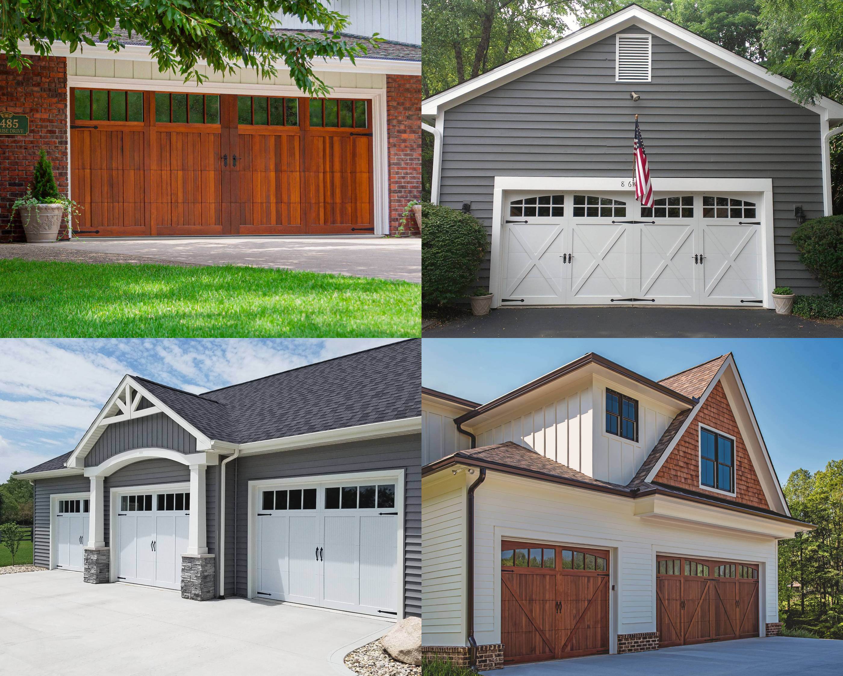 Examples of overlay carriage house garage doors with decorative hardware on doors