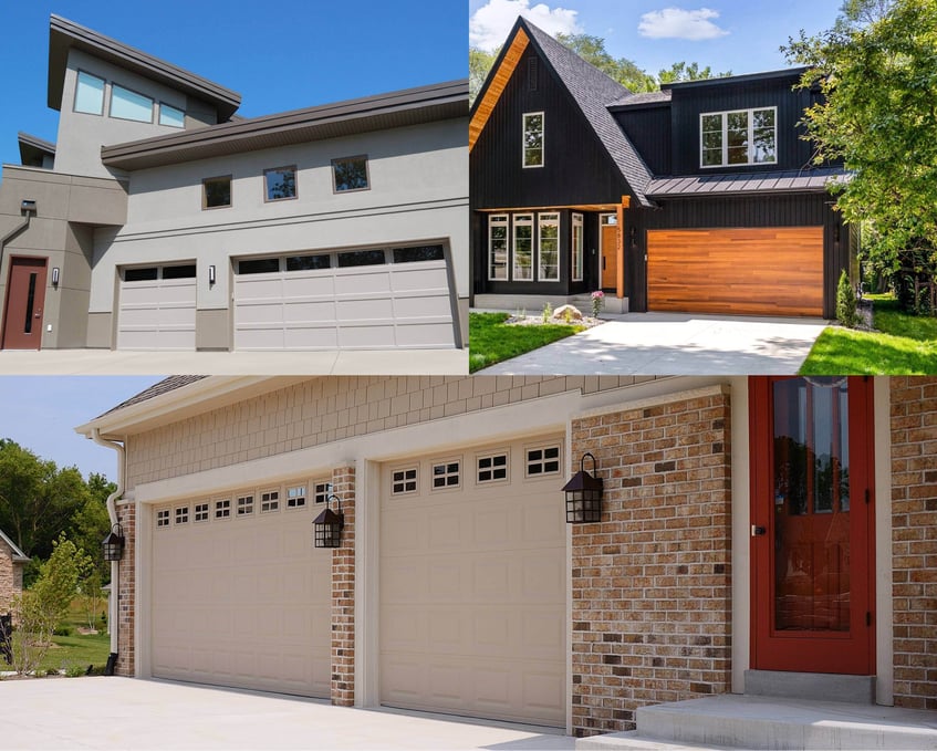 Recessed panel garage doors in sandstone Planks in cedar and raised panel in dersert tan