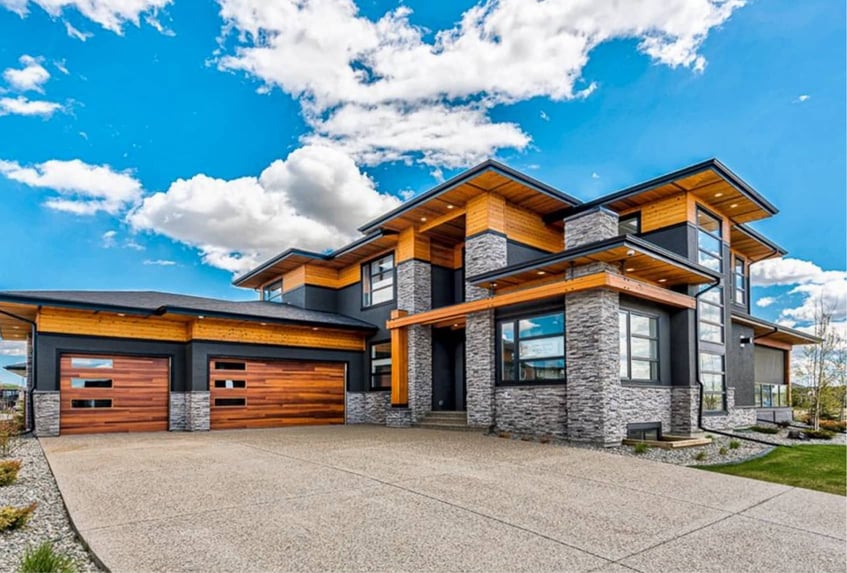 Wood-look garage door with windows