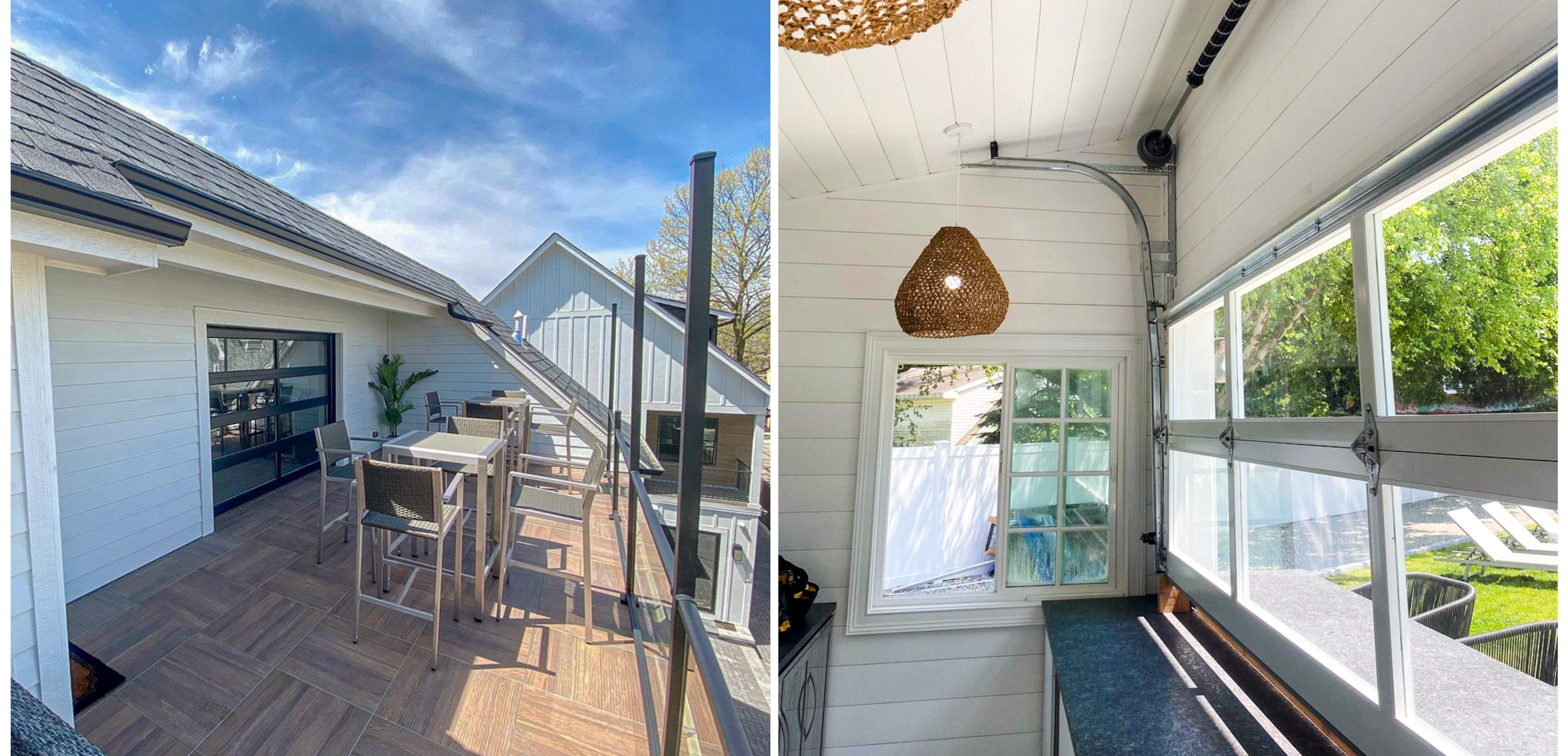 full view glass garage door on balcony - transom window pool house