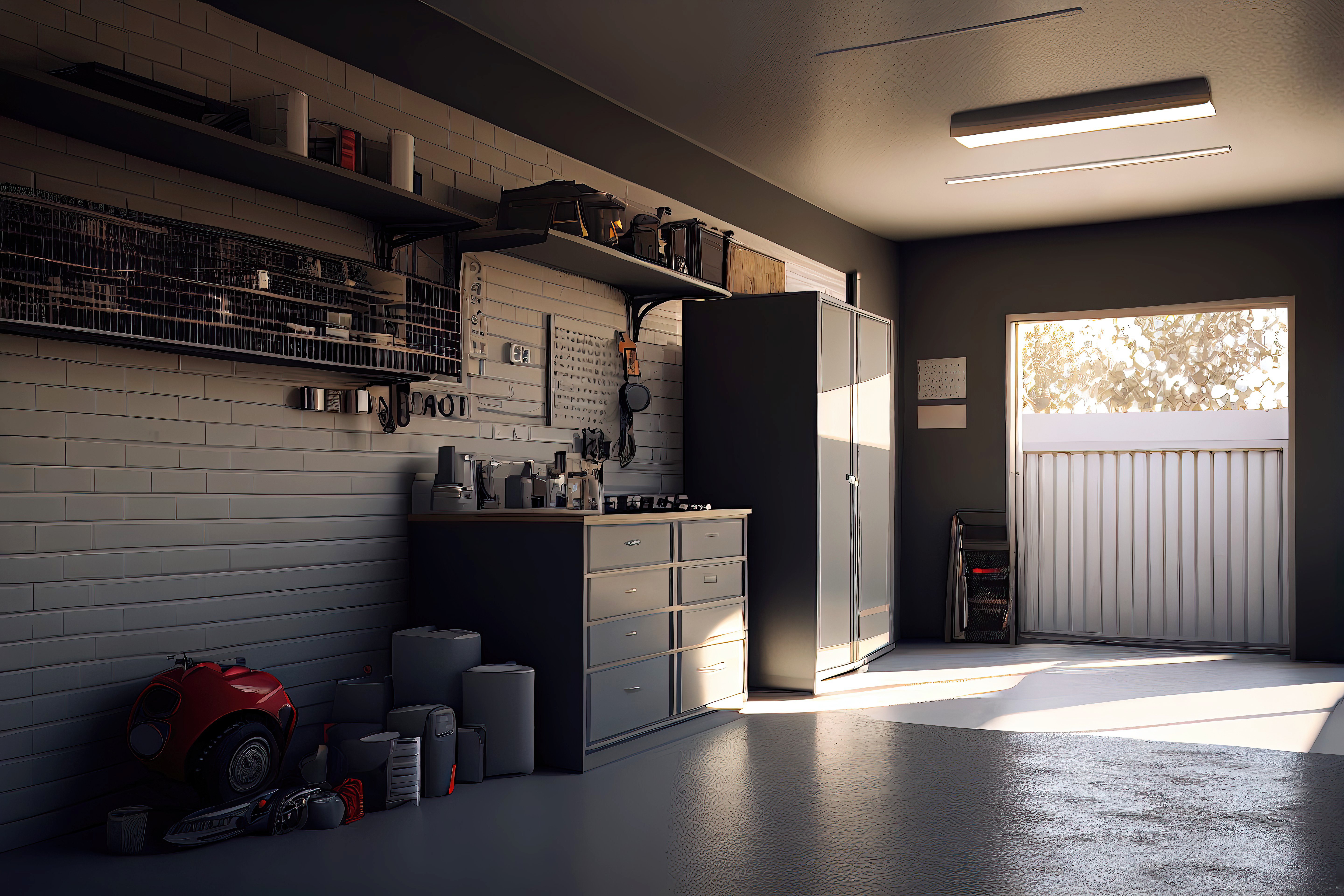 a neat and organized garage with light coming from the garage door