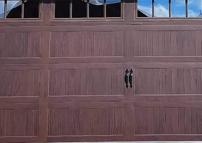 Close up of a mahogany garage door