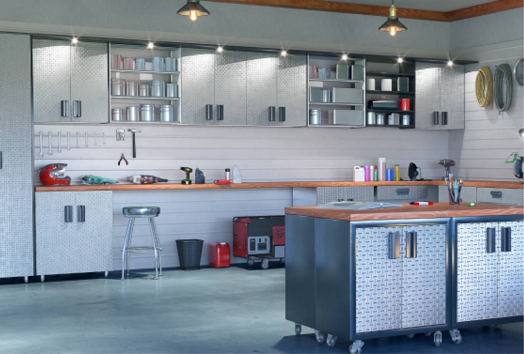 Shiny garage door space with counter tops-large