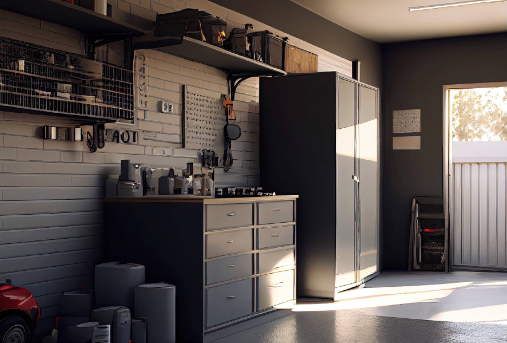 grey garage space with cupboard and drawers-large